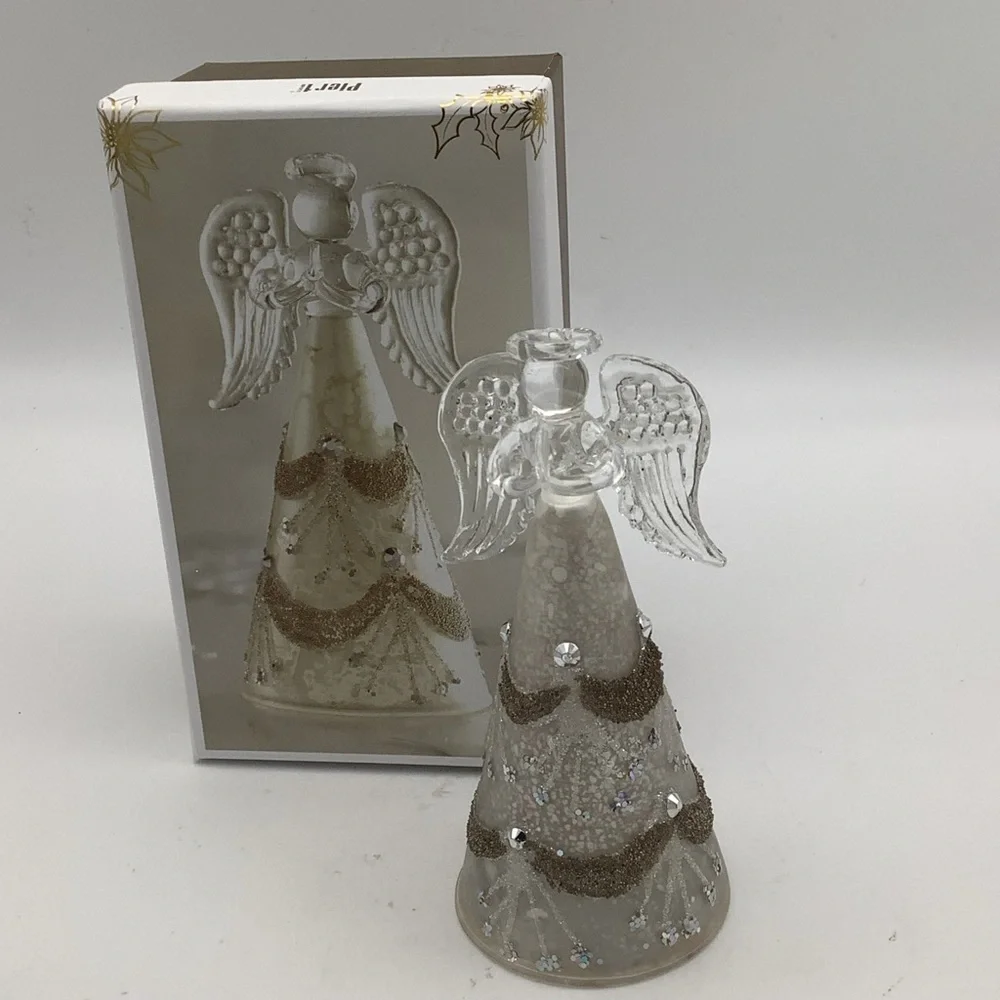 Pier 1 Glass Angel Figurine with Rhinestone and Glitter Accents